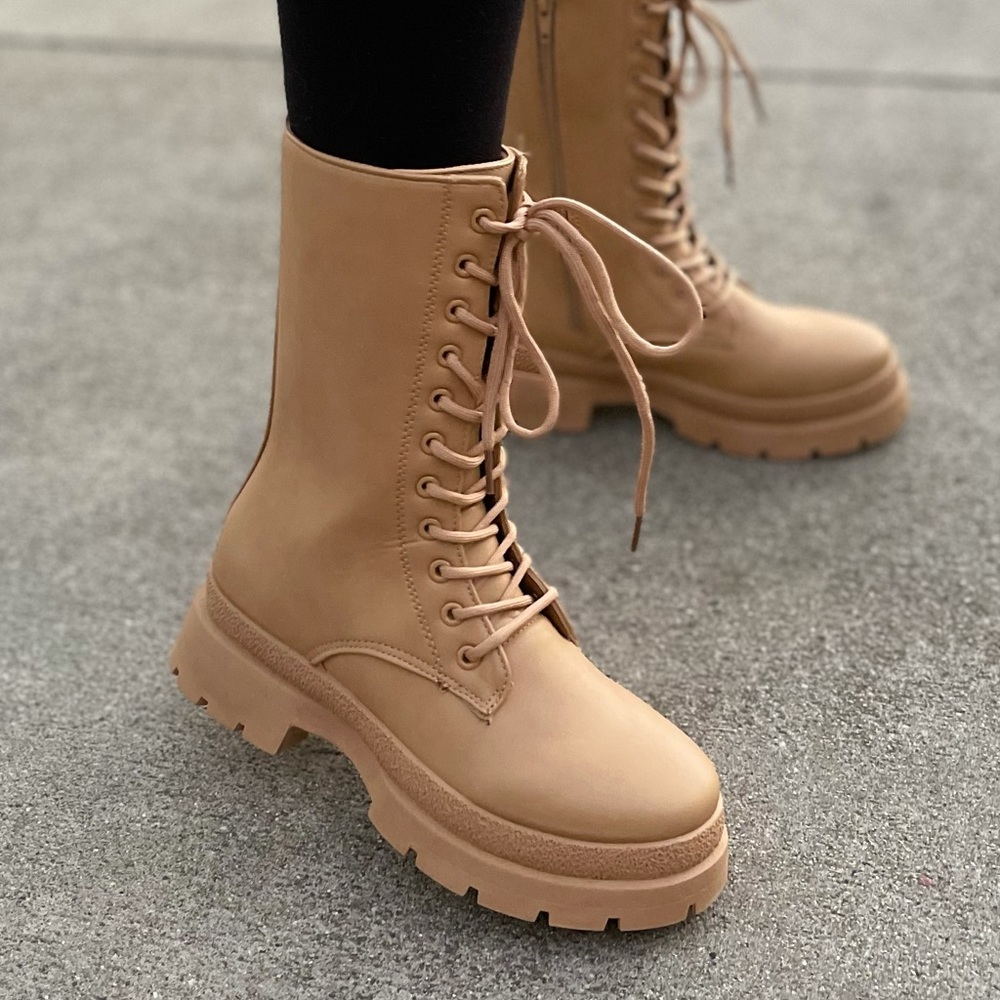Camel lace up combat boots
